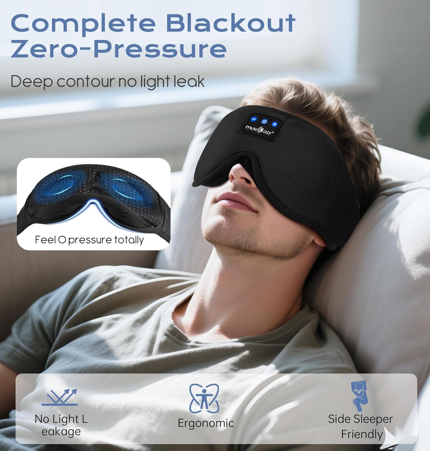 MUSICOZY Bluetooth 5.4 Sleep Headphones Mask – Noise-Cancelling Eye Mask with Ultra-Thin Stereo Speakers, Adjustable Ergonomic Design, for Side Sleepers, Travel, Office, Yoga, Gifts, Stress Relief