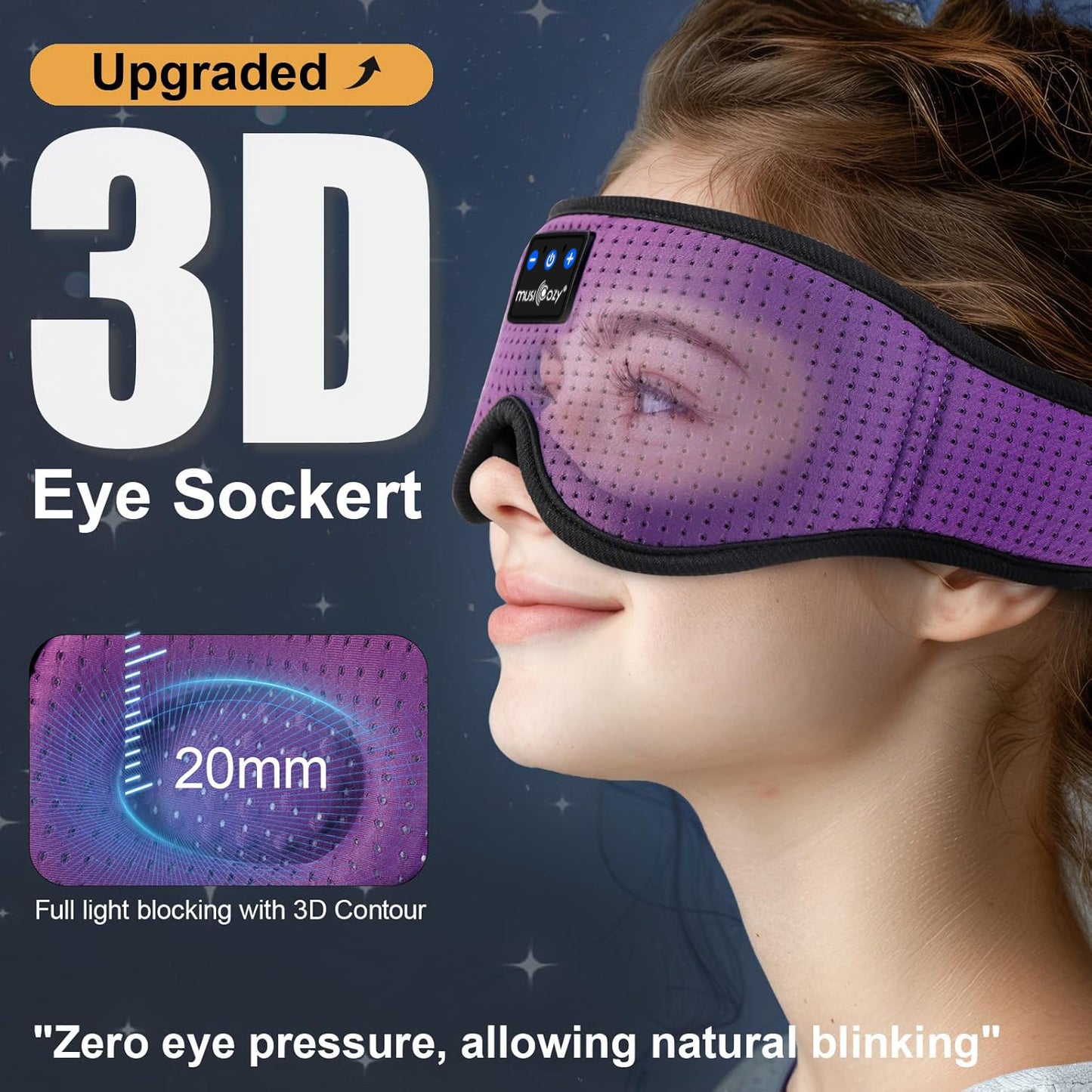 MUSICOZY Bluetooth 5.4 Sleep Headphones Mask – Noise-Cancelling Eye Mask with Ultra-Thin Stereo Speakers, Adjustable Ergonomic Design, for Side Sleepers, Travel, Office, Yoga, Gifts, Stress Relief