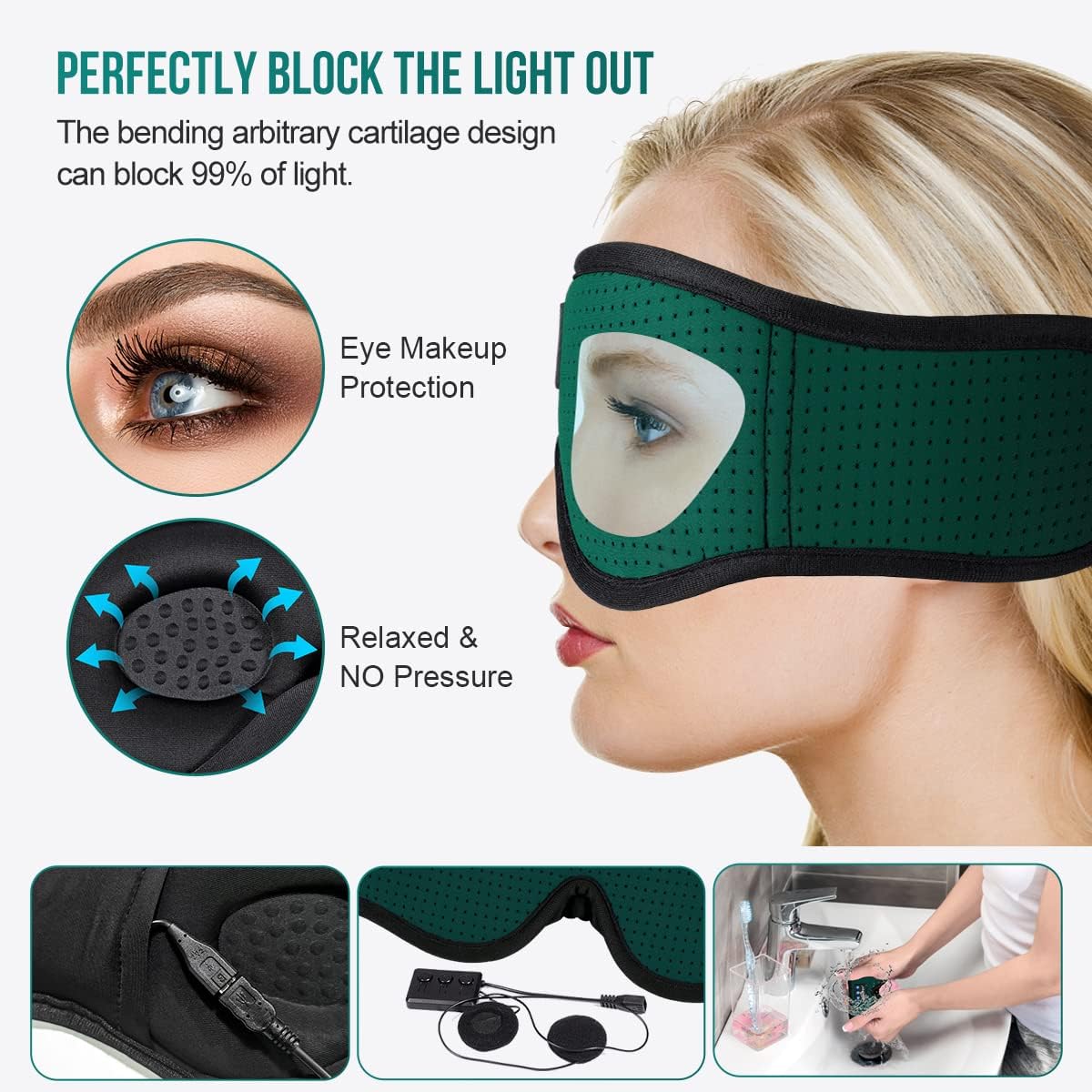 MUSICOZY Sleep Headphones Breathable Bluetooth Headband 3D Sleeping Headphones, Wireless Music Eye Mask Sleep Earbuds for Side Sleeper Women,Men Office Air Travel Cool Tech Gadgets Unique Gifts Green
