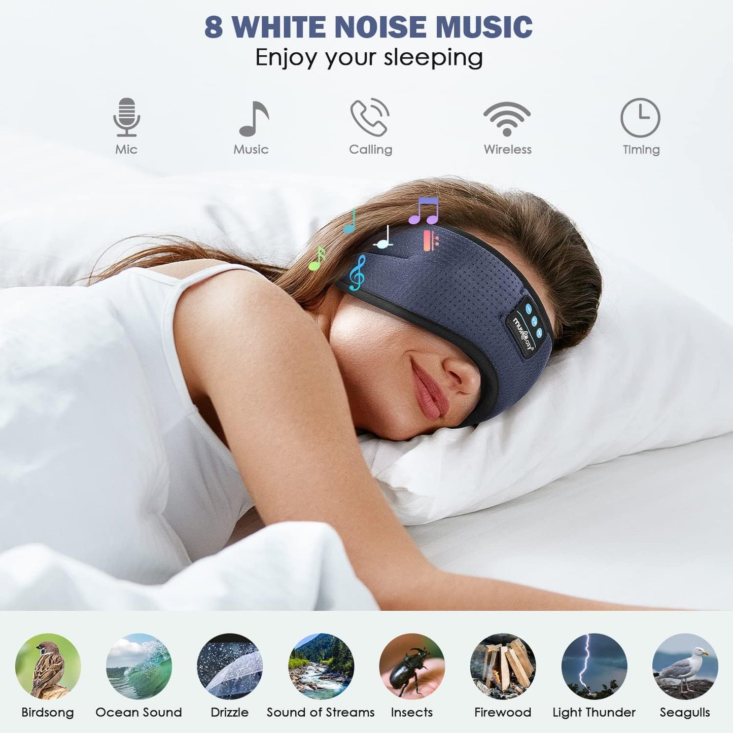 MUSICOZY White Noise Bluetooth Sleep Mask with 8 Soothing Sounds & 3D Wireless Sleep Headphones, Bluetooth Sleeping Headphones for Yoga Travel Office Relaxation Tech Gadgets Gifts, Light Gray