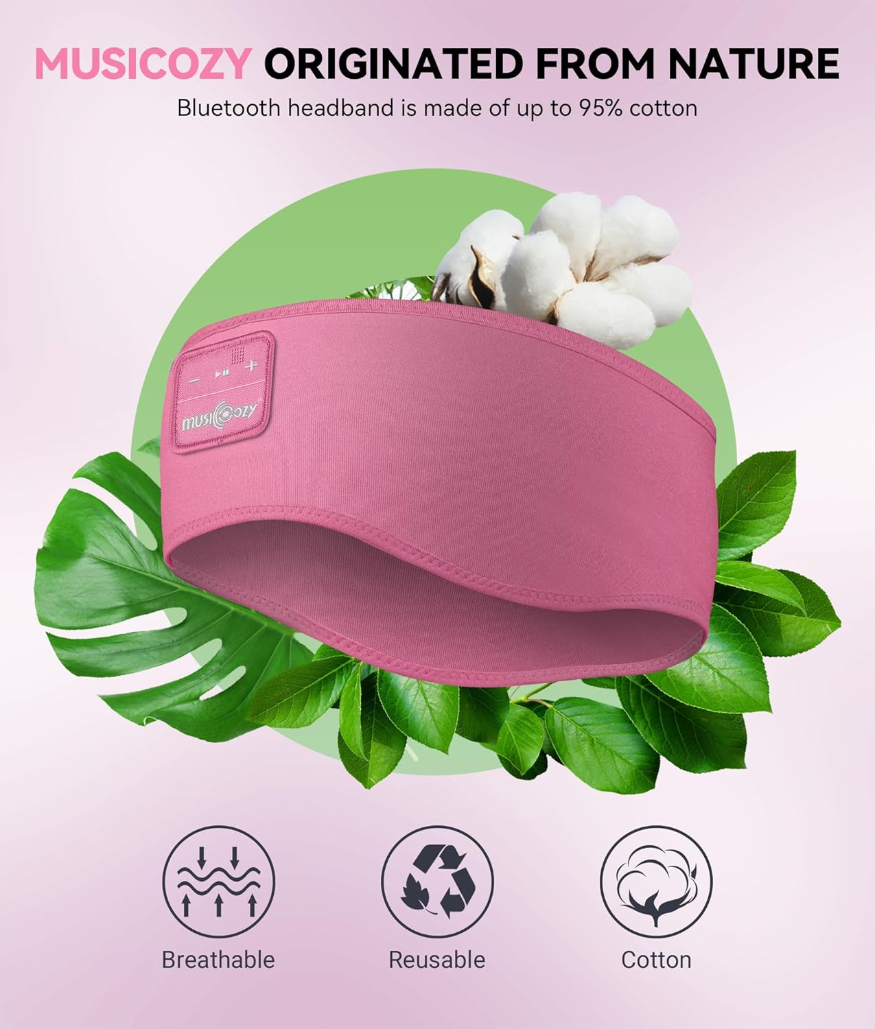 MUSICOZY Sleep Headphones Headband Bluetooth 5.4 Wireless Headband Headphones for Sleeping for Side Sleeper with Ultra-Thin HD Stero Speaker for Workout(Pink)