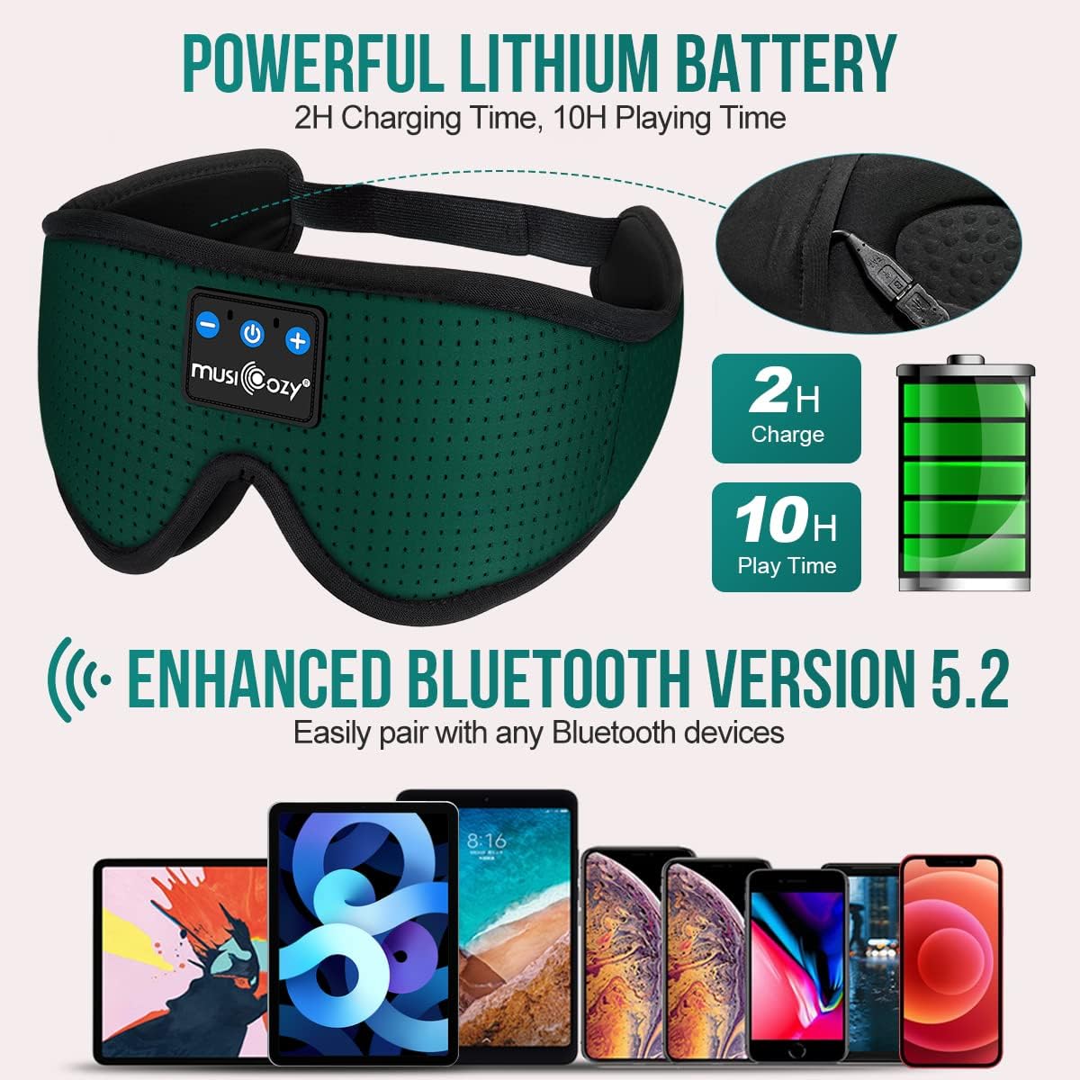 MUSICOZY Sleep Headphones Breathable Bluetooth Headband 3D Sleeping Headphones, Wireless Music Eye Mask Sleep Earbuds for Side Sleeper Women,Men Office Air Travel Cool Tech Gadgets Unique Gifts Green