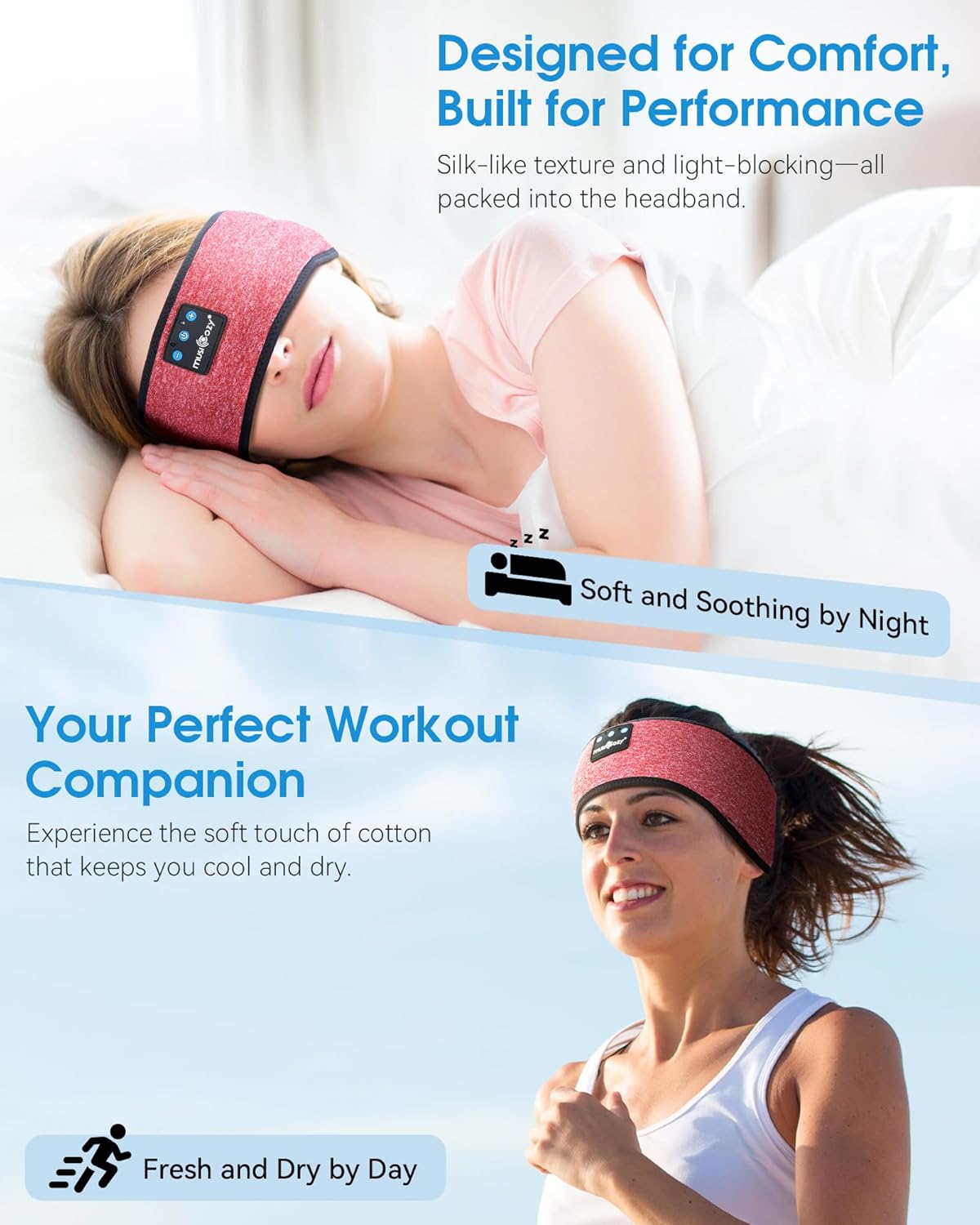 MUSICOZY Sleep Headphones Sleep Mask Bluetooth Headband Wireless Music Headband Headphones Earbuds for Side Sleepers Women Men Workout Running Cool Gadgets