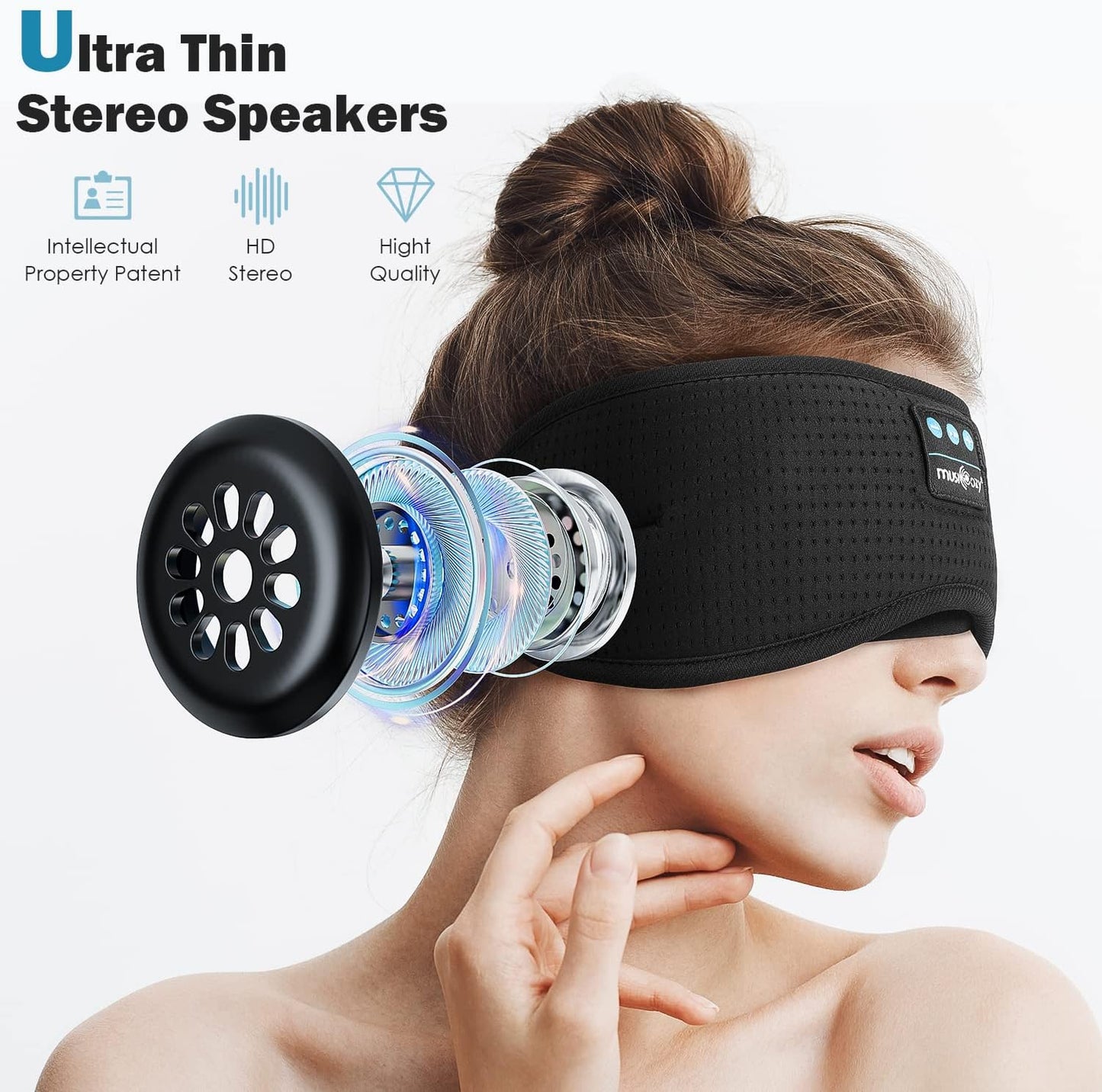 MUSICOZY White Noise Bluetooth 5.4 Module & Speakers for Sleep Headphones Eye Mask with Charging Cable, 14hrs Playtime