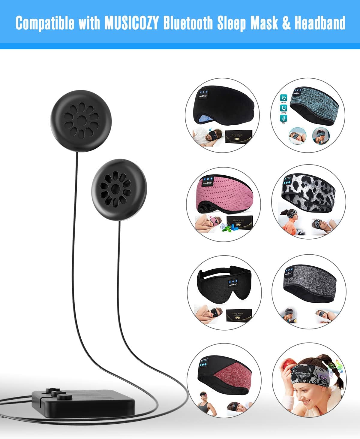 MUSICOZY Bluetooth 5.4 Module & Speakers for Sleep Headphones Eye Mask & Bluetooth Headband with Charging Cable
