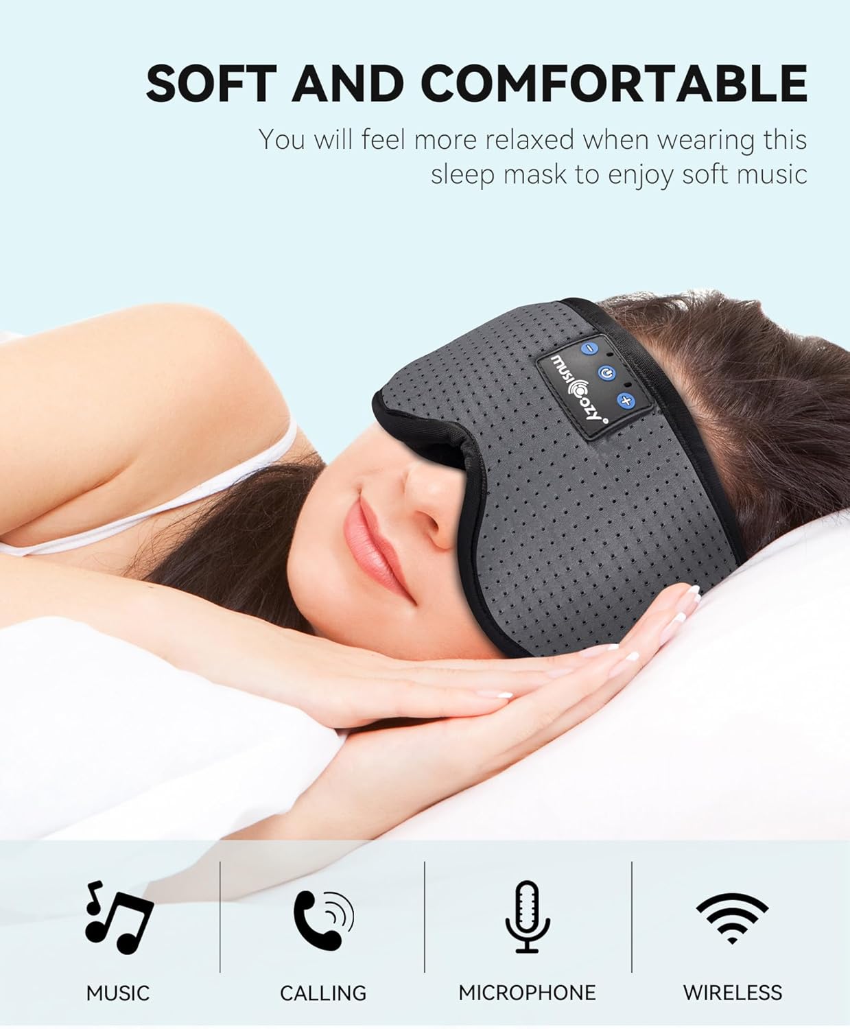 MUSICOZY Sleep Headphones Bluetooth Sleep Eye Mask for Sleeping, Headband Wireless Music Sleeping Masks Headphones, Sleep Earbuds for Side Sleepers Men Women with Speakers Cool Tech Gadgets(Grey)