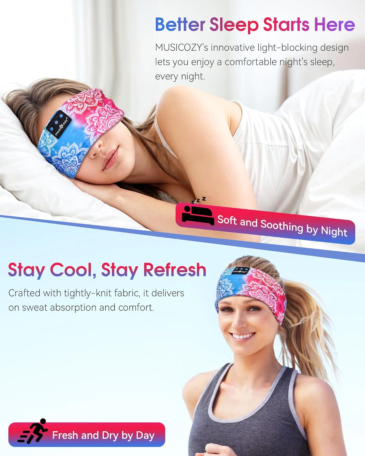 MUSICOZY Sleep Headphones Bluetooth Headband 5.4 Wireless Headband Headphones for Sleeping for Side Sleeper with Ultra-Thin HD Stero Speaker for Workout (Sunflower Blue)