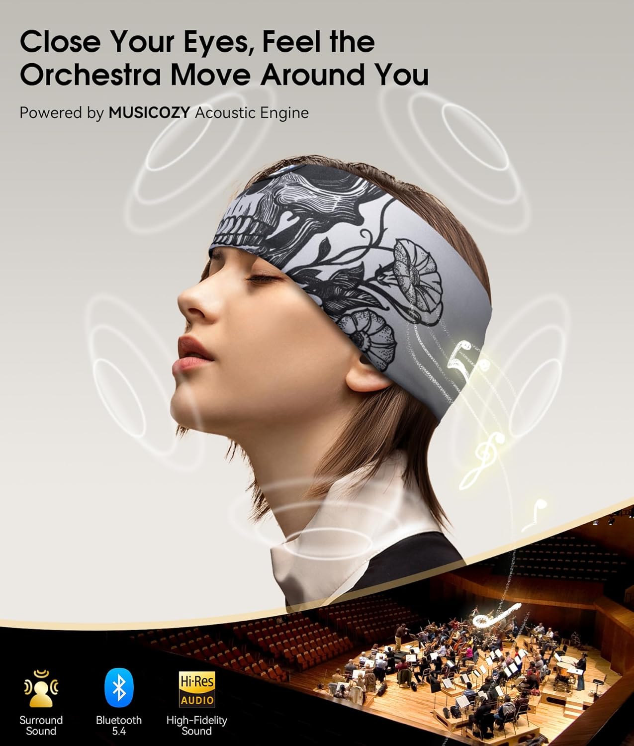 MUSICOZY Sleep Headphones Bluetooth 5.4 Headband, Wireless Earphones Music Sleep Earbuds Sleeping Eye Mask with HD Stereo Speakers for Workout Running Travel Yoga, Ideal Gifts for Women Men