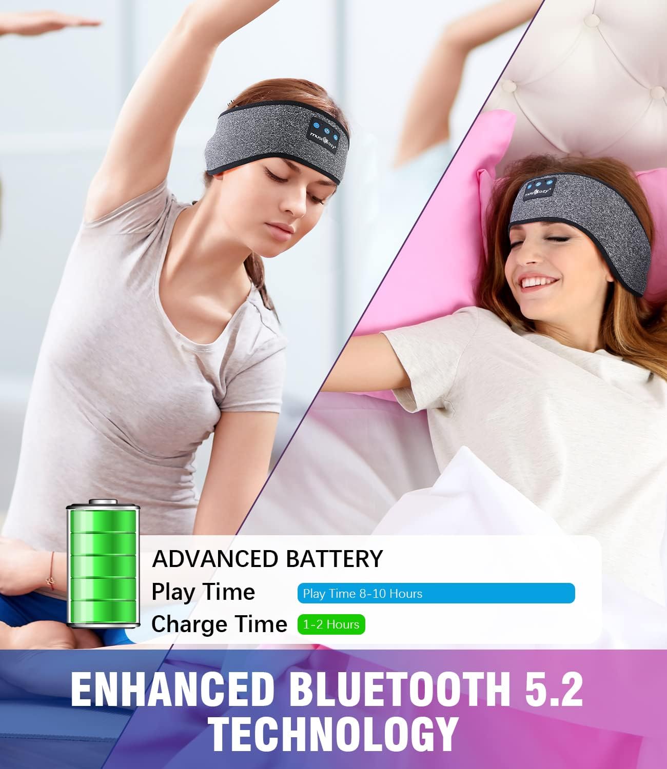 MUSICOZY Sleep Headphones Bluetooth 5.2 Headband, Wireless Earbuds HD Stereo Speakers, Sweatproof Design, Perfect for Sports, Workout, Yoga, Sleep Unique Gifts for Men, Women, Teens