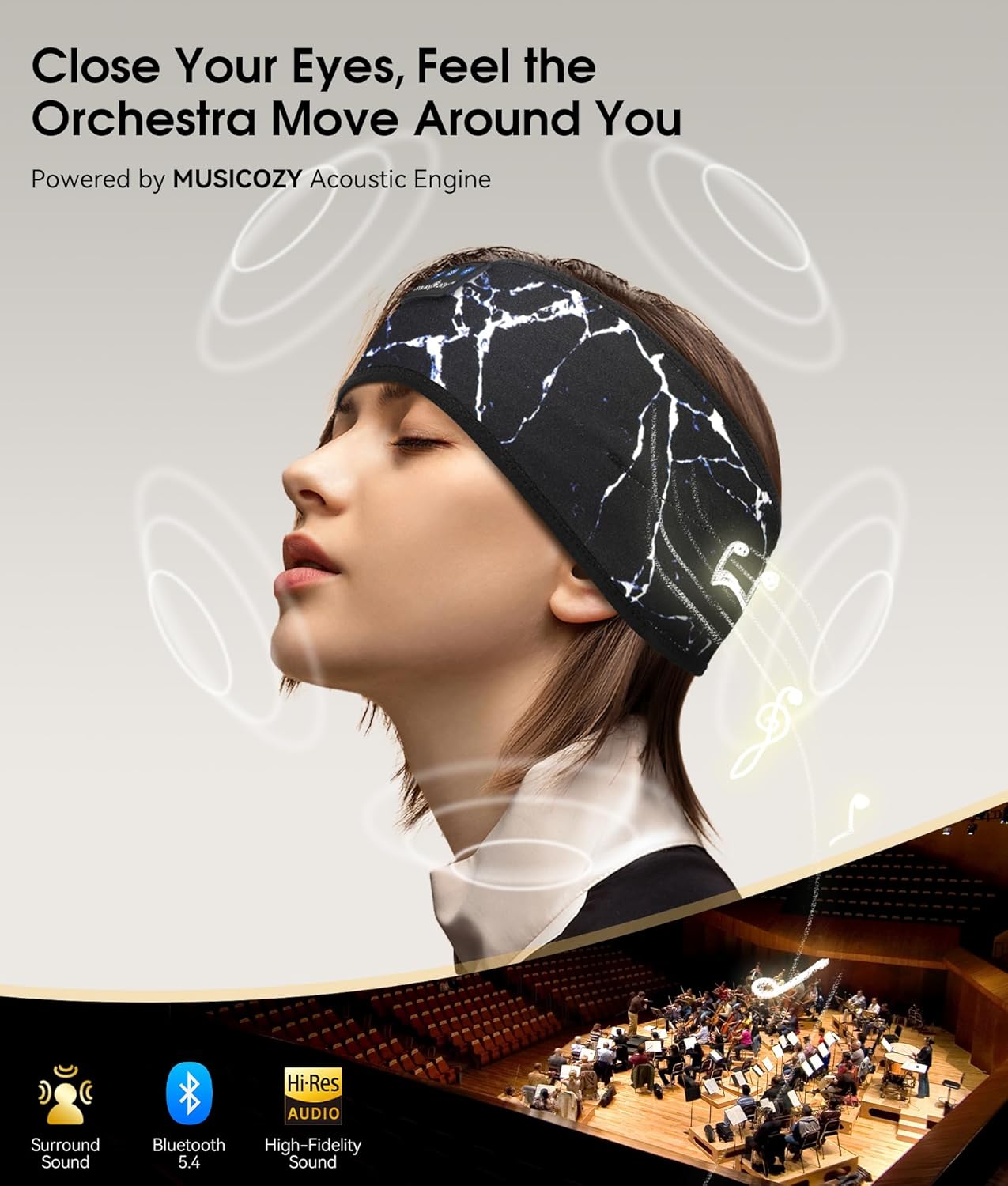 MUSICOZY Sleep Headphones Bluetooth 5.4 Sports Headband, Wireless Music Headband with Sleep Mask Earbuds for Running, Workout, Yoga, Cool Tech Gadget Gift