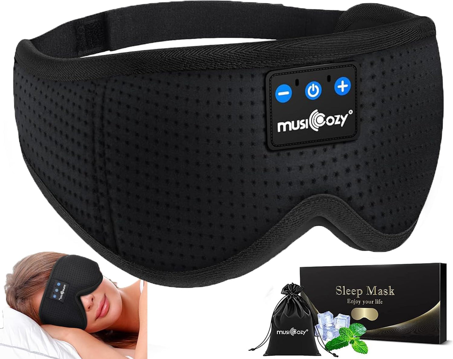 MUSICOZY Sleep Headphones Wireless Mask 3D Sleeping Eye Mask, Music Headband Headphones Sleep Earbuds Earphones for Side Sleeper Sleep Silk Eye Mask Cool Gadget Holiday for Mom Women(Black+Black)