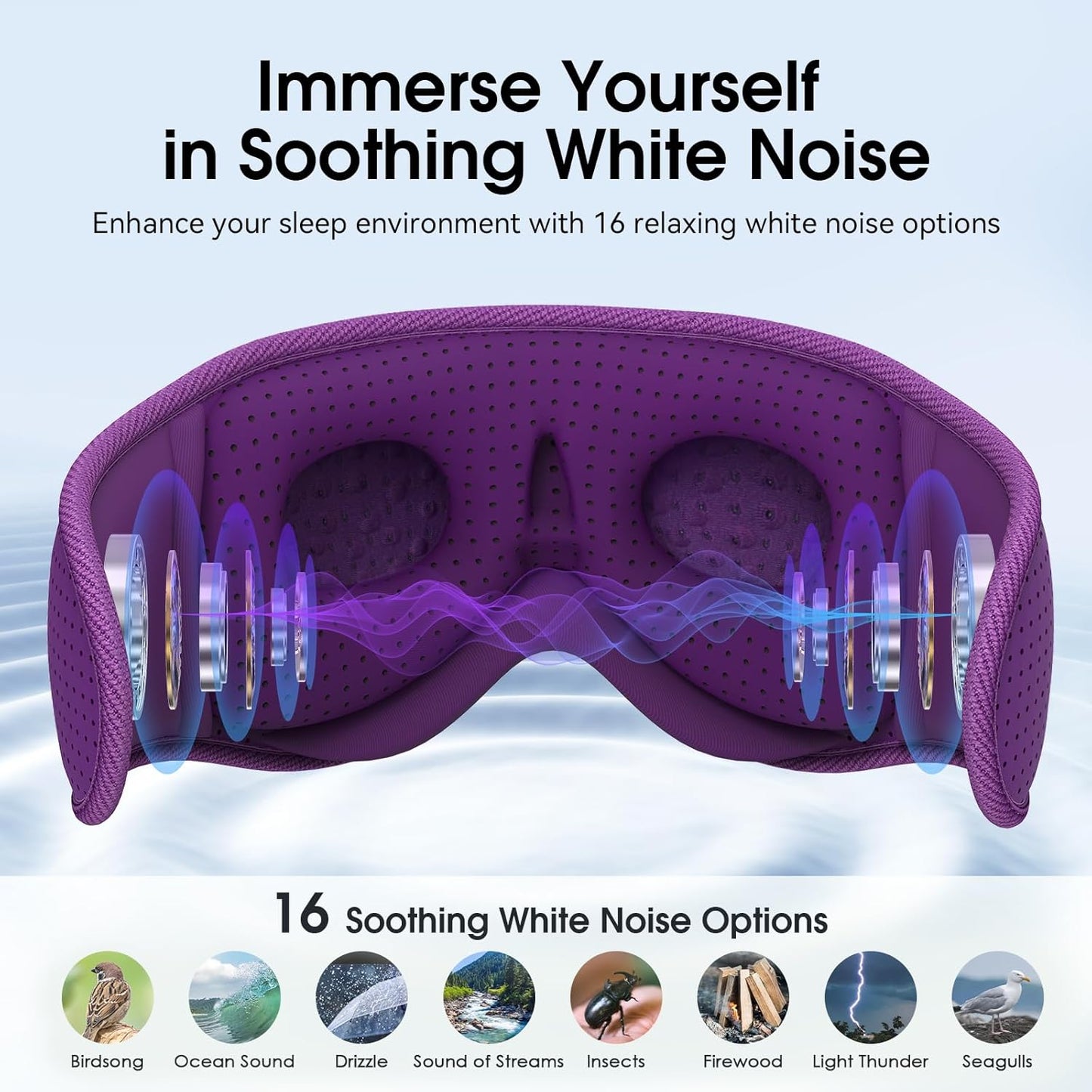 MUSICOZY White Noise Sleep Mask Headphones with 16 Soothing Sounds, Bluetooth Sleep Mask 3D Wireless Music Sleeping Headphones for Side Sleeper