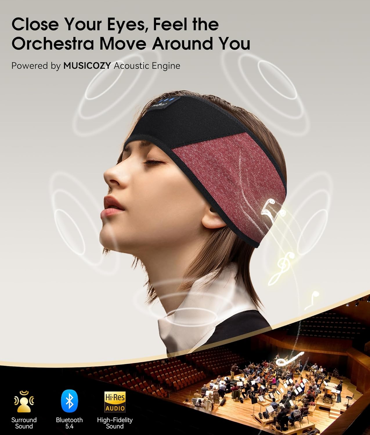 MUSICOZY Sleep Headphones Bluetooth 5.4 Headband, Wireless Earphones Music Sleep Earbuds Sleeping Eye Mask with HD Stereo Speakers for Workout Running Travel Yoga, Ideal Gifts for Women Men