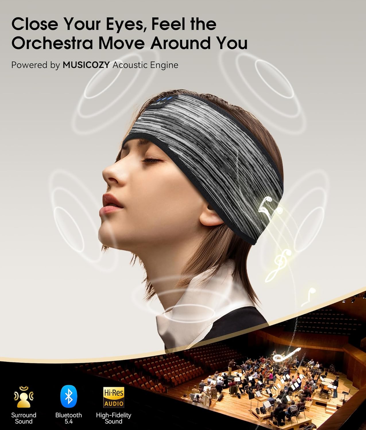 MUSICOZY Bluetooth 5.2 Sleep Headphones, Wireless Headband Headphones with HD Stereo Speakers, Sports Earphones for Sleeping, Running, Yoga, Ideal Gifts for Men, Women, Teens