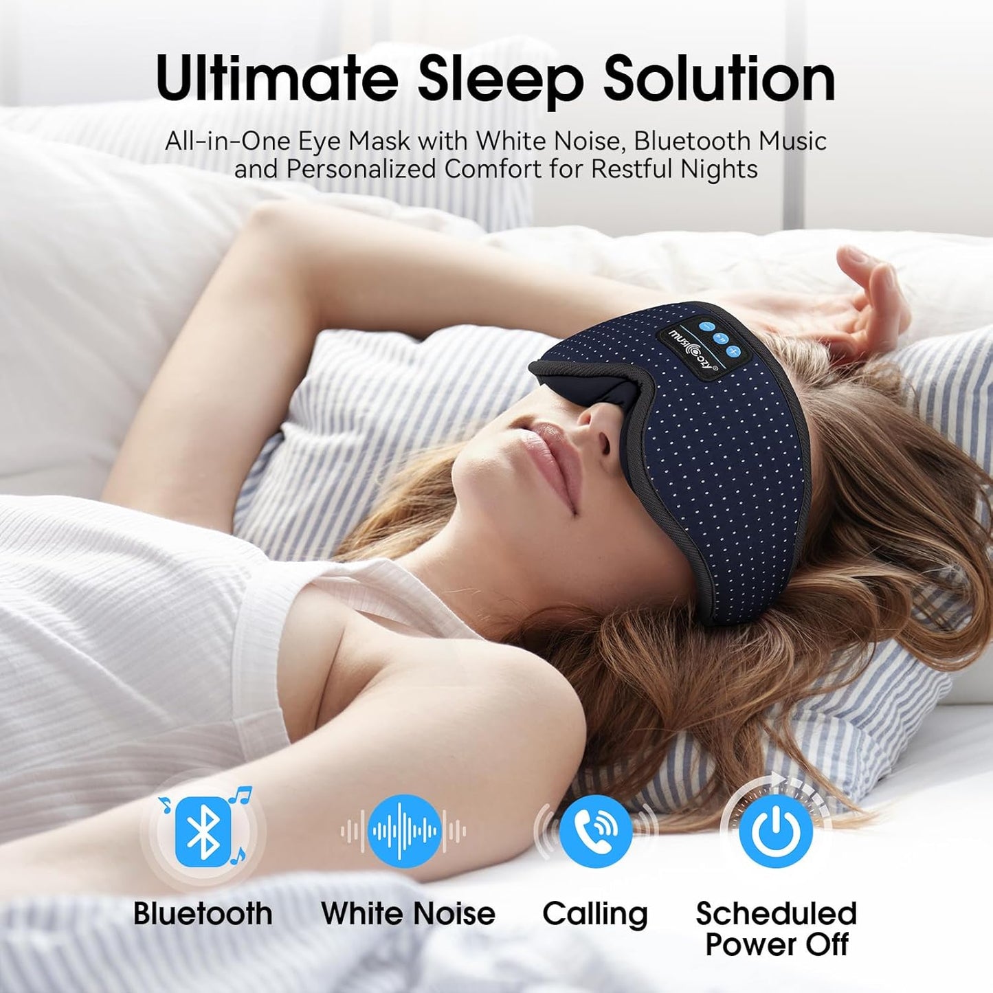 MUSICOZY White Noise Sleep Mask Headphones with 16 Soothing Sounds, Bluetooth Sleep Mask 3D Wireless Music Sleeping Headphones for Side Sleeper