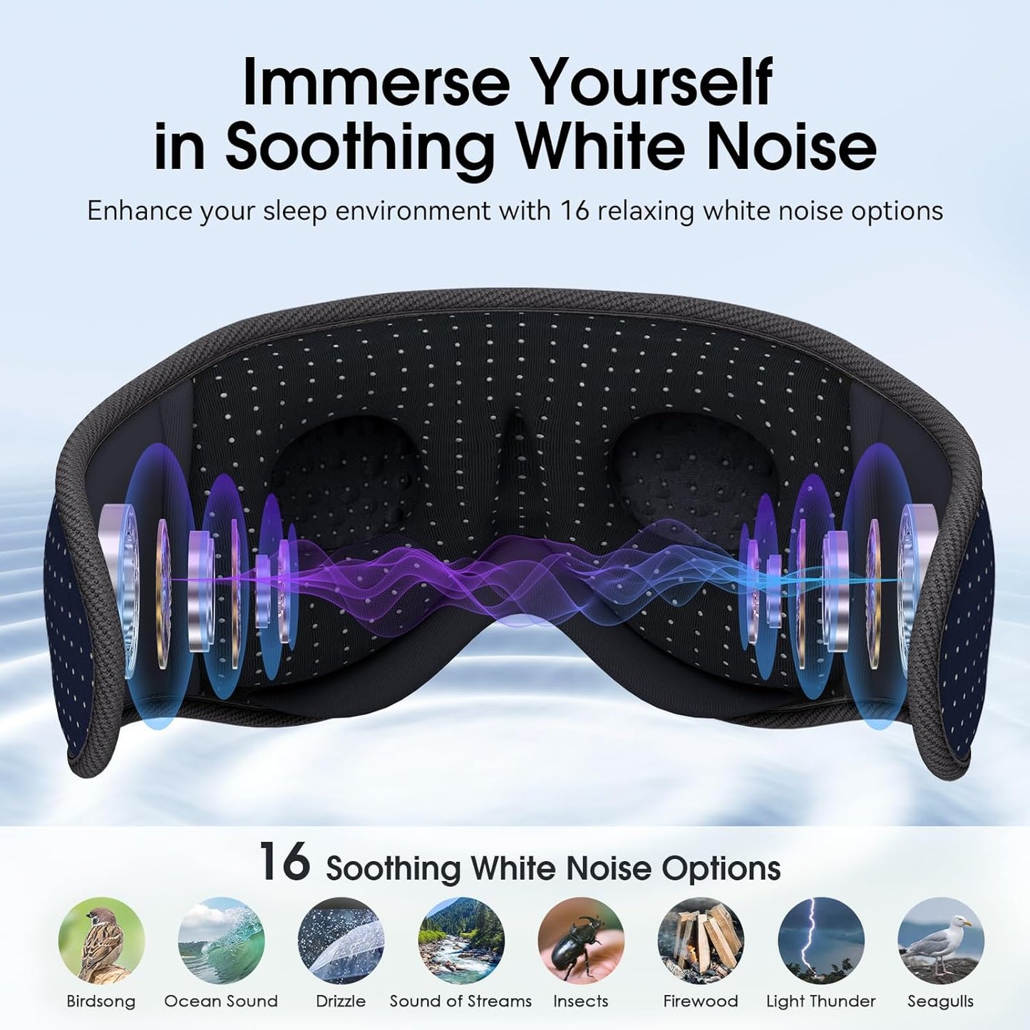 MUSICOZY White Noise Sleep Mask Headphones with 16 Soothing Sounds, Bluetooth Sleep Mask 3D Wireless Music Sleeping Headphones for Side Sleeper
