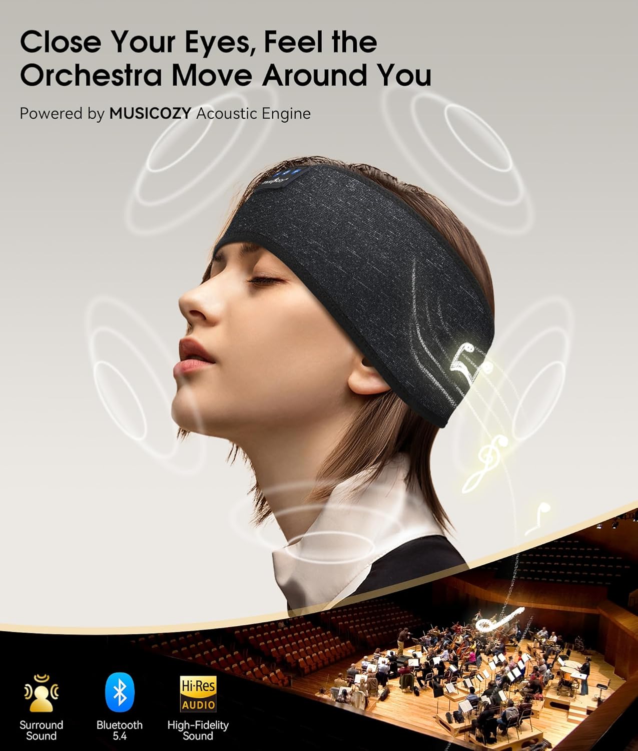 MUSICOZY Sleep Headphones Bluetooth 5.4 Headband, Wireless Earphones Music Sleep Earbuds Sleeping Eye Mask with HD Stereo Speakers for Workout Running Travel Yoga, Ideal Gifts for Women Men