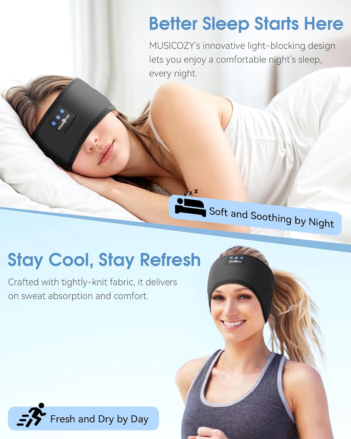 MUSICOZY Sleep Headphones Headband, Wireless Earbuds Earphones Sweat Resistant with Ultra-Thin HD Stereo Speaker, Bluetooth 5.4 for Workout Running Cool Gadgets Unique Gifts
