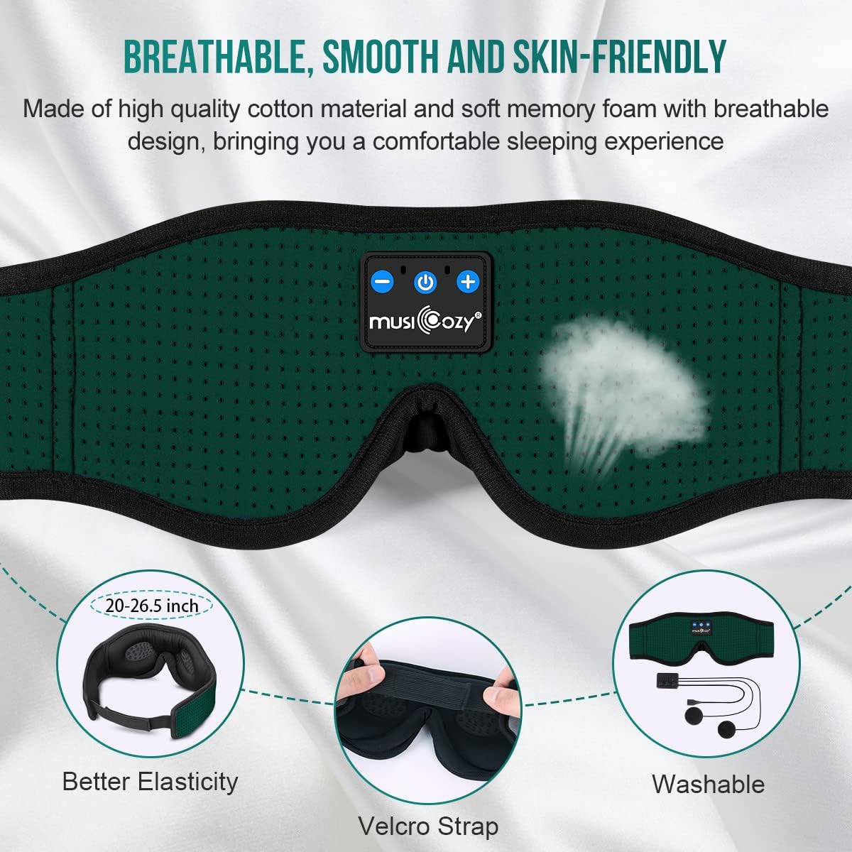 MUSICOZY Sleep Headphones Breathable Bluetooth Headband 3D Sleeping Headphones, Wireless Music Eye Mask Sleep Earbuds for Side Sleeper Women,Men Office Air Travel Cool Tech Gadgets Unique Gifts Green