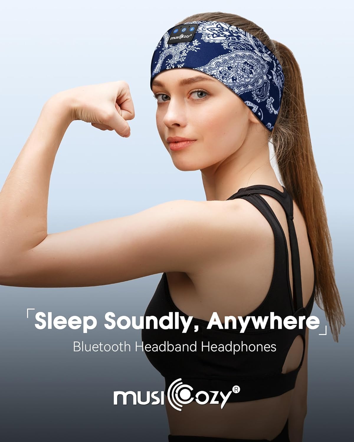 MUSICOZY Sleep Headphones Bluetooth Headband 5.4 Wireless Headband Headphones for Sleeping for Side Sleeper with Ultra-Thin HD Stero Speaker for Workout (Navy Blue)