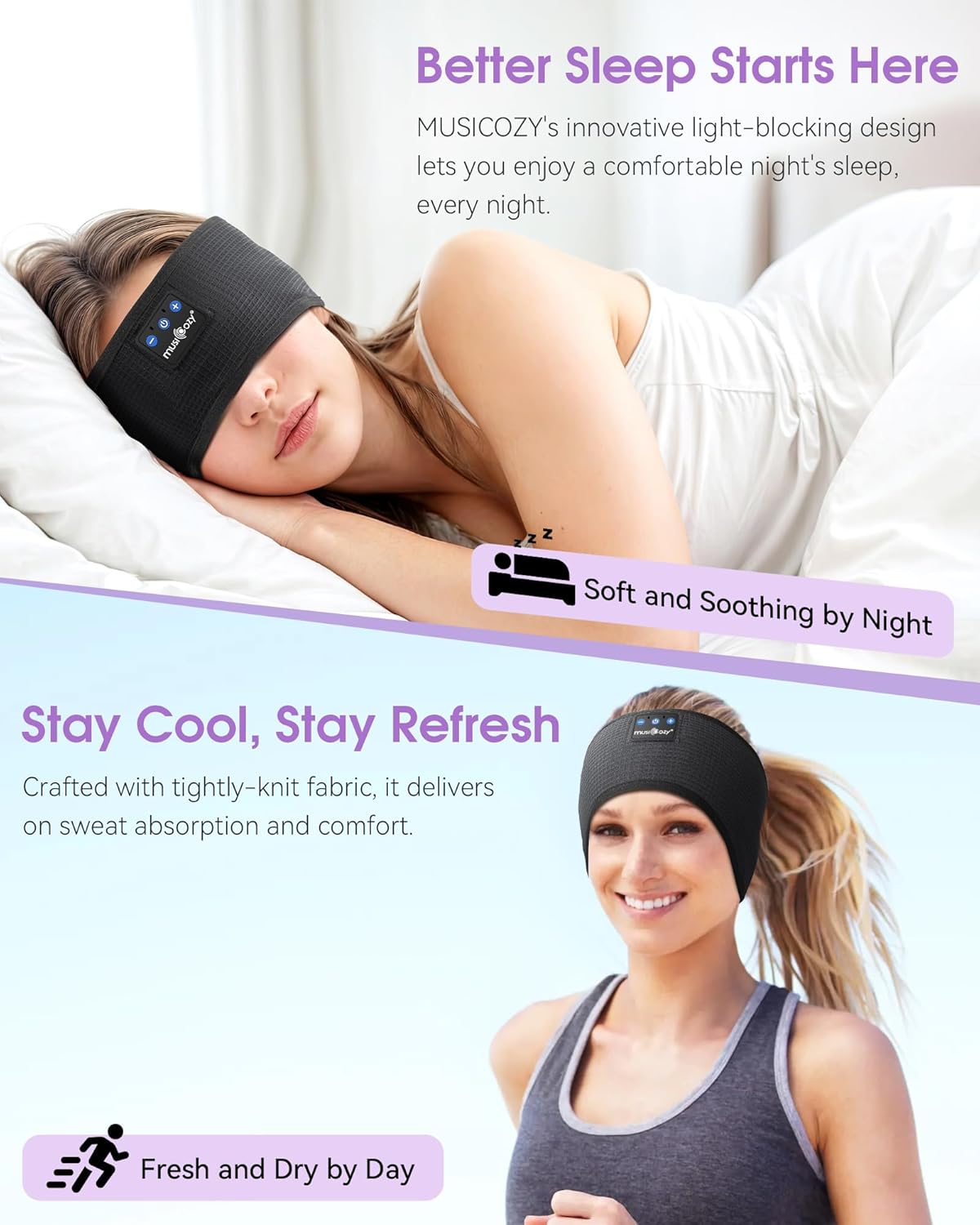 MUSICOZY Sleep Headphones Wireless, Bluetooth 5.4 Headband Sports Sleeping Headphones Eye Mask Earbuds Breathable Music Headband Perfect for Workout Running Travel Yoga