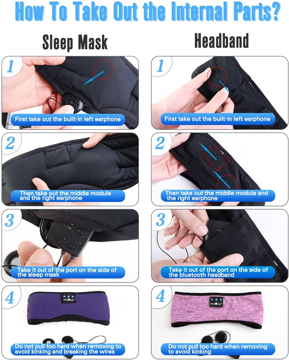 MUSICOZY Bluetooth 5.4 Module & Speakers for Sleep Headphones Eye Mask & Bluetooth Headband with Charging Cable