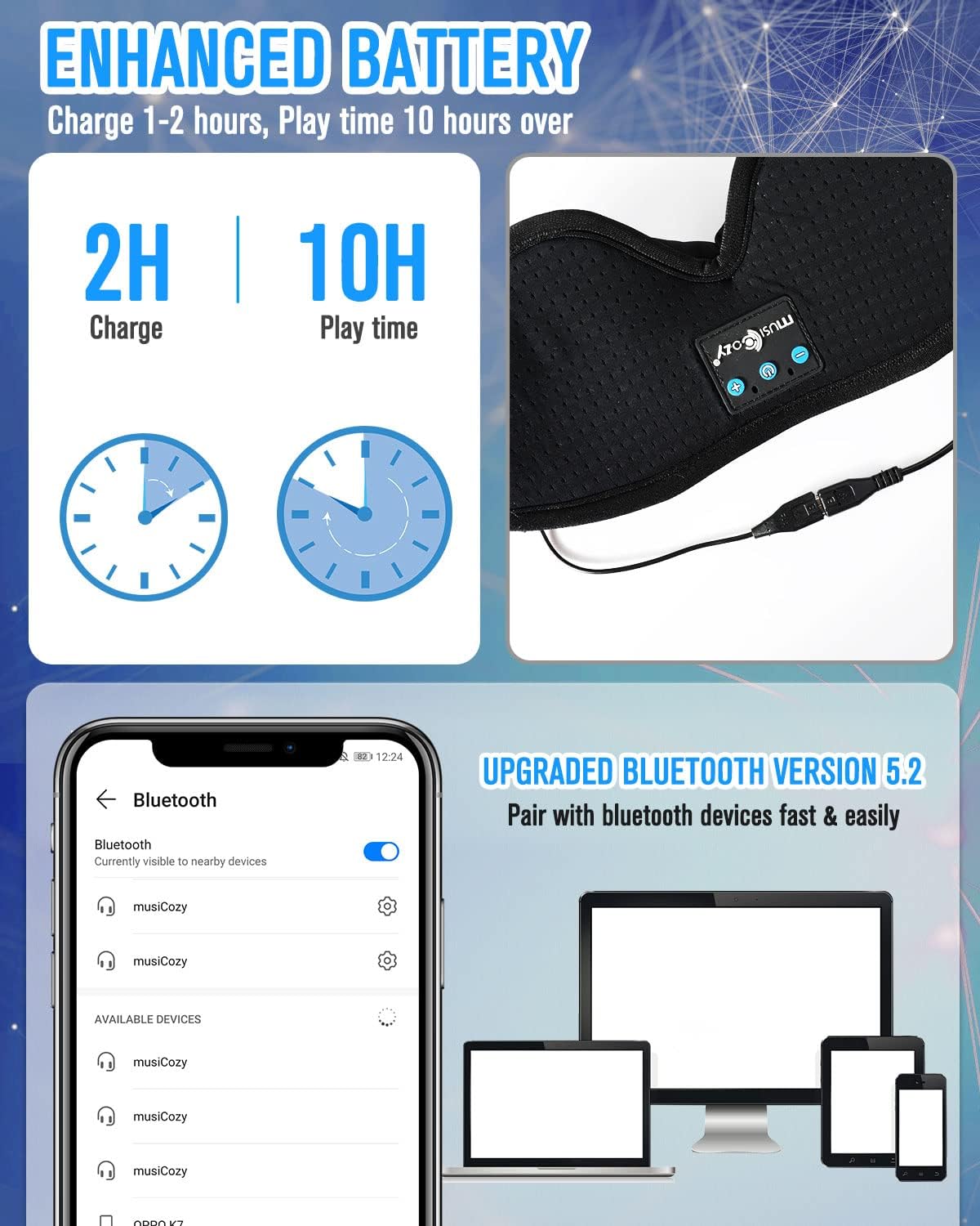 MUSICOZY Bluetooth 5.4 Module for Sleep Headphones, Wireless Control & Speakers with LHDC, LDAC, Hi-Res Audio, Charging Cable Included