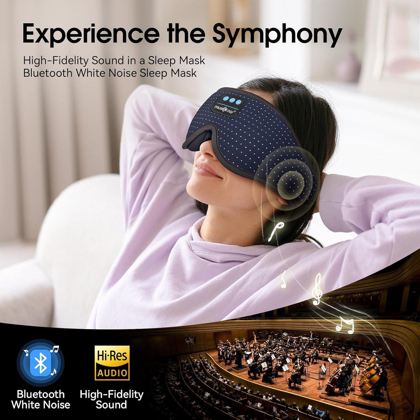 MUSICOZY White Noise Sleep Mask Headphones with 16 Soothing Sounds, Bluetooth Sleep Mask 3D Wireless Music Sleeping Headphones for Side Sleeper