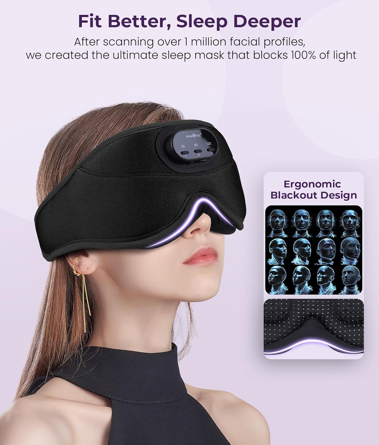 MUSICOZY 3D Bluetooth Sleep Mask with Headphones and Timer Wireless Sleep Headphones for Side Sleepers Eye Mask with Bluetooth Headphone Unique Gifts for Men Women Black