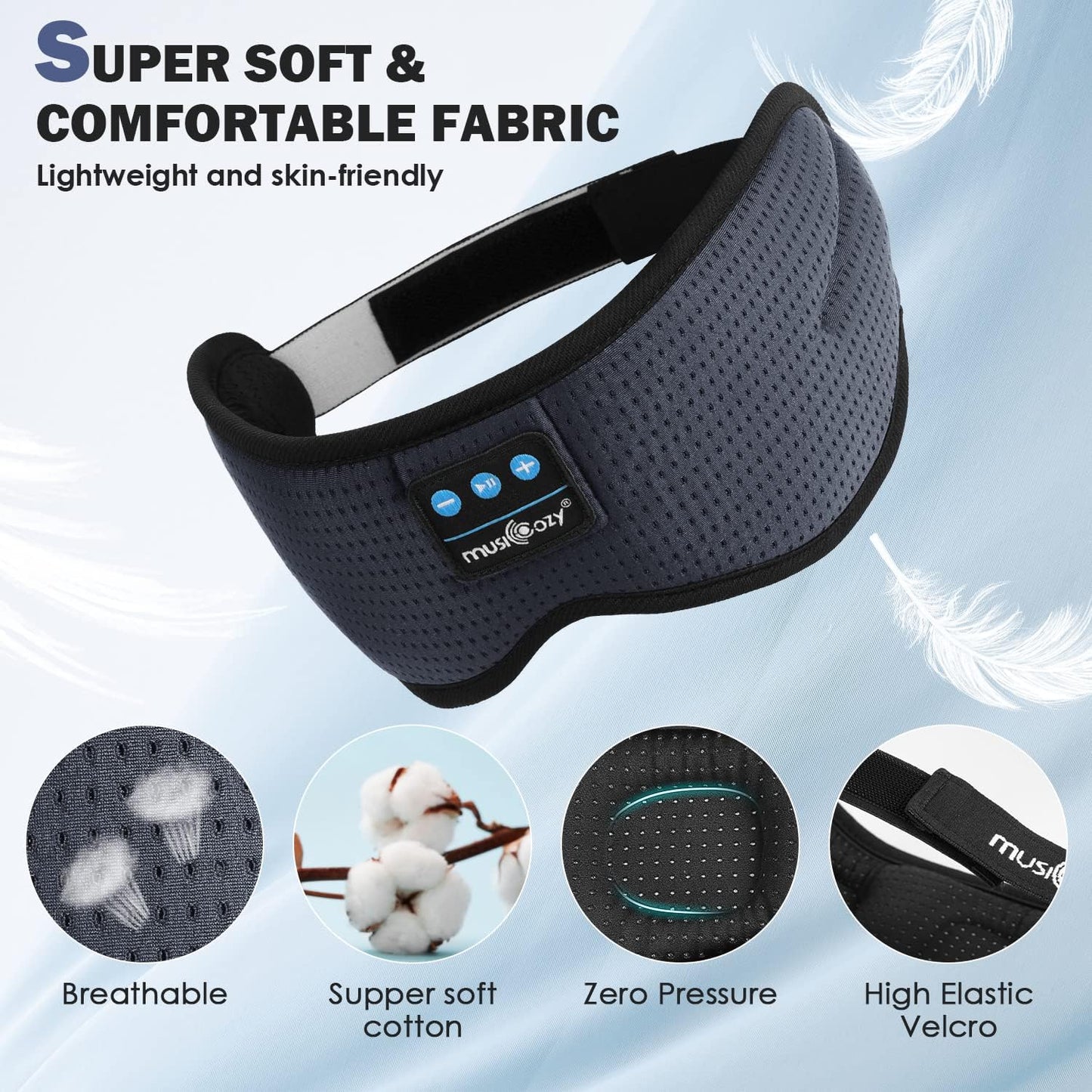MUSICOZY White Noise Bluetooth Sleep Mask with 8 Soothing Sounds & 3D Wireless Sleep Headphones, Bluetooth Sleeping Headphones for Yoga Travel Office Relaxation Tech Gadgets Gifts, Light Gray