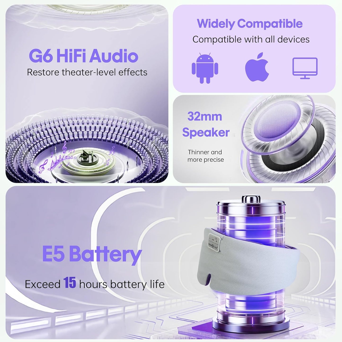 MUSICOZY Ice Silk Sleep Headphones with Bluetooth Mask, Eye Mask for Sleeping in Total Darkness, 5.4 Bluetooth Sleep Mask Sleep Headphones, Soft, Gifts for Men Women (Purple)