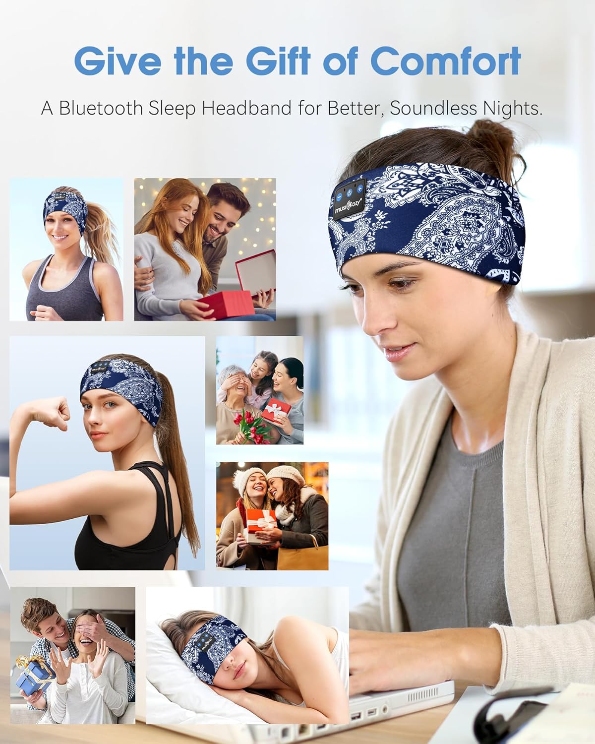 MUSICOZY Sleep Headphones Bluetooth Headband 5.4 Wireless Headband Headphones for Sleeping for Side Sleeper with Ultra-Thin HD Stero Speaker for Workout (Navy Blue)