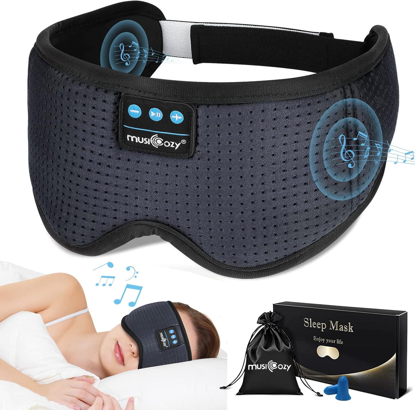 MUSICOZY 3D Bluetooth 5.2 Sleep Headphones, Breathable Wireless Music Eye Mask, Sleeping Headphones with Headband for Side Sleepers, Women, Men, Air Travel, Unique Tech Gifts