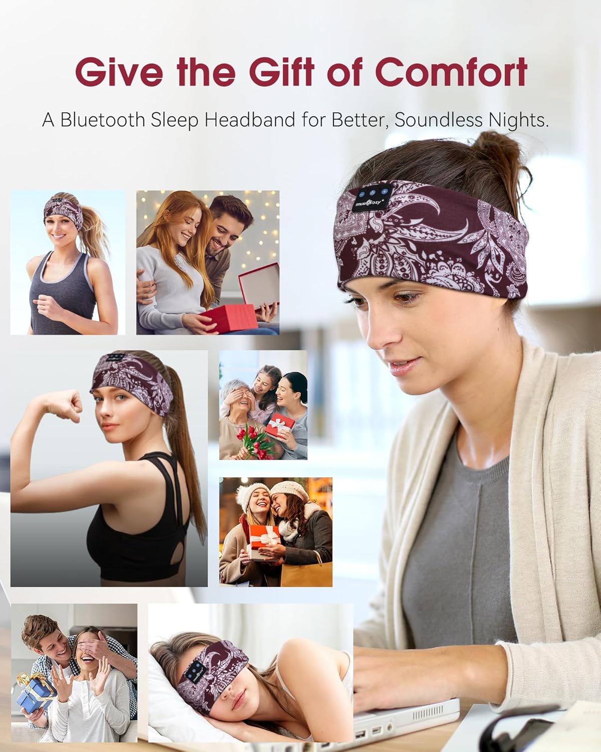 MUSICOZY Sleep Headphones Bluetooth Headband 5.4 Wireless Headband Headphones for Sleeping for Side Sleeper with Ultra-Thin HD Stero Speaker for Workout