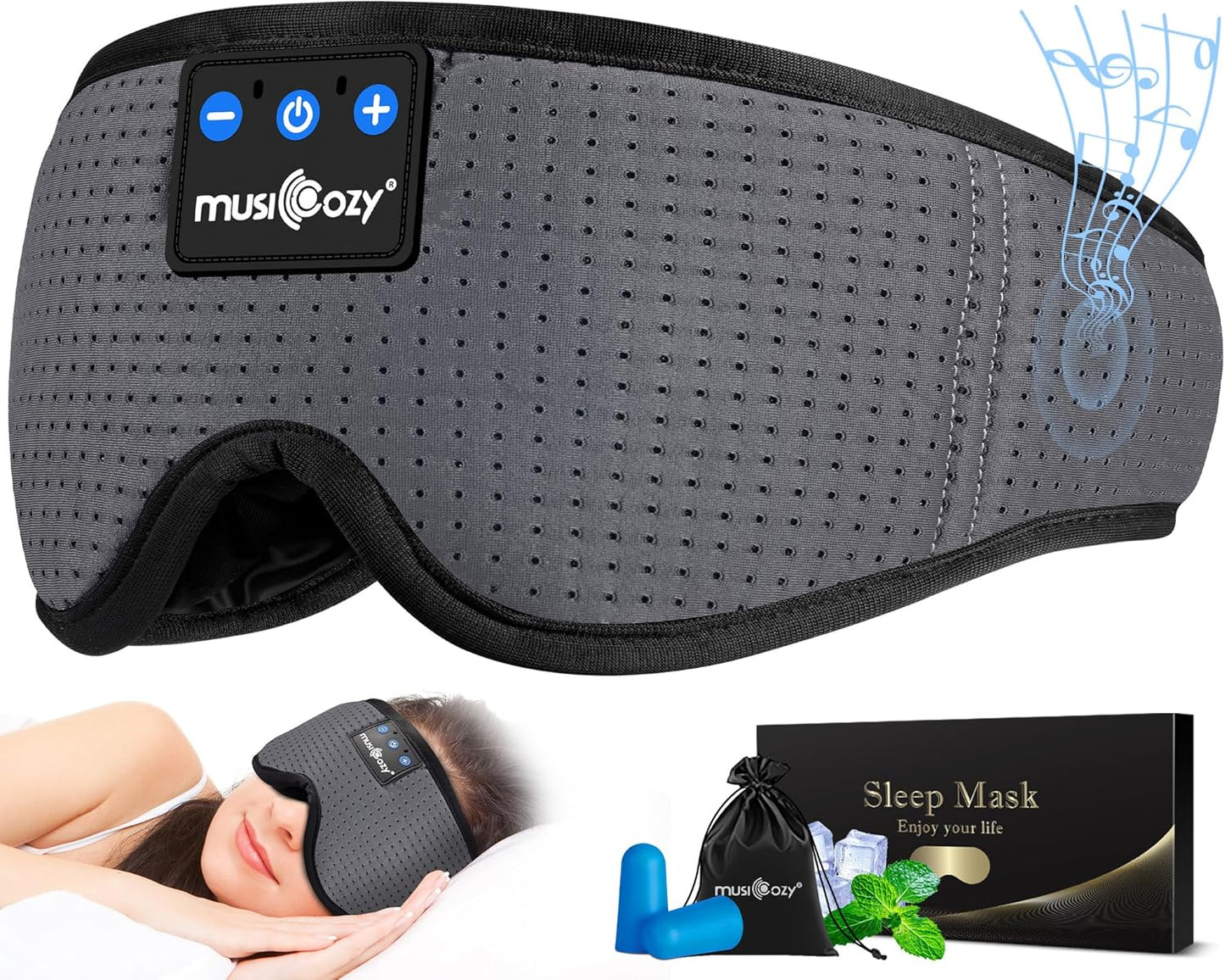 MUSICOZY Sleep Headphones Bluetooth Sleep Eye Mask for Sleeping, Headband Wireless Sleeping Masks Headphones, Earbuds for Side Sleepers Men Women with Speakers Cool Tech Gadgets