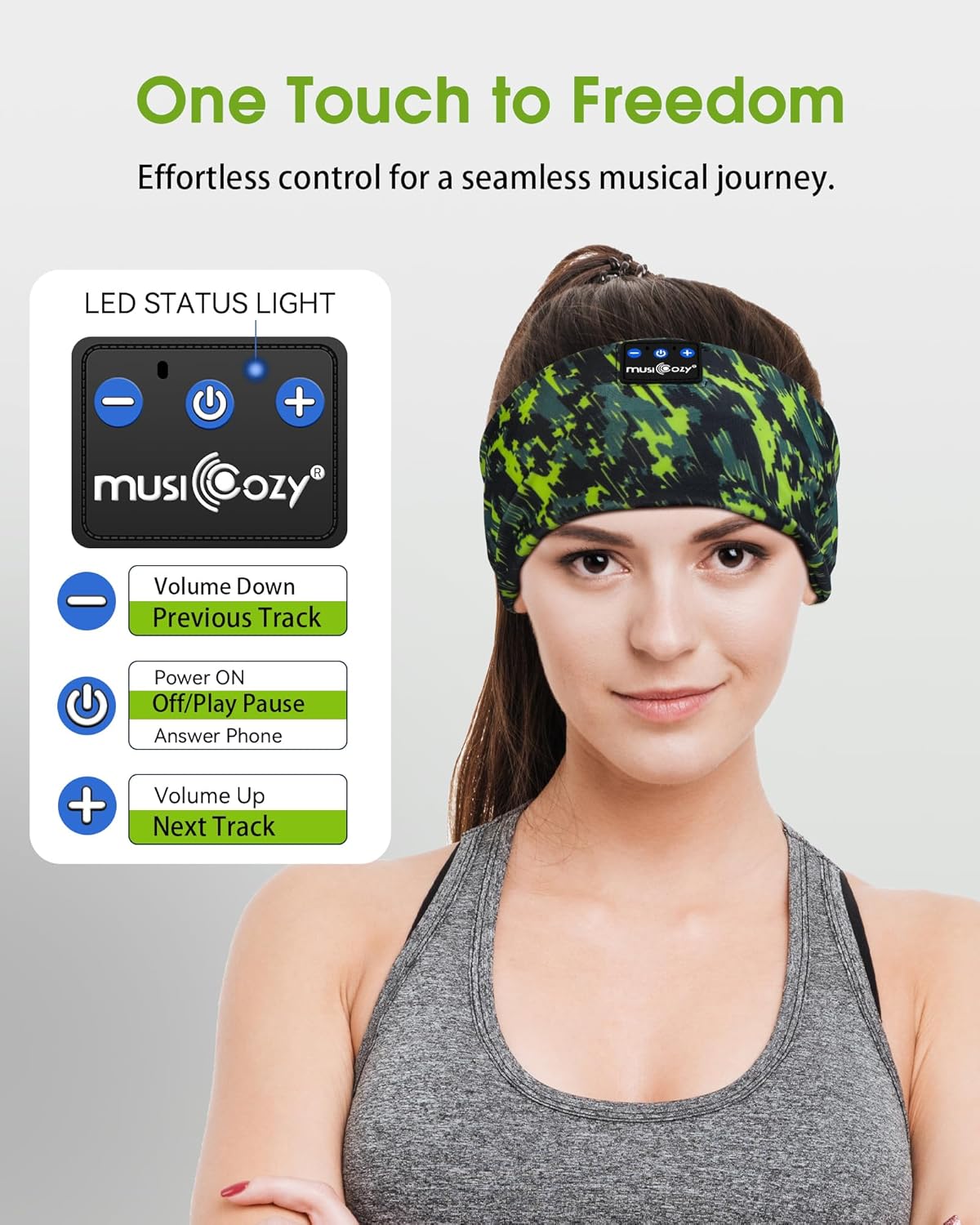 MUSICOZY Sleep Headphones Bluetooth Headband 5.4 Wireless Headband Headphones for Sleeping for Side Sleeper with Ultra-Thin HD Stero Speaker for Workout (Sketch Green)