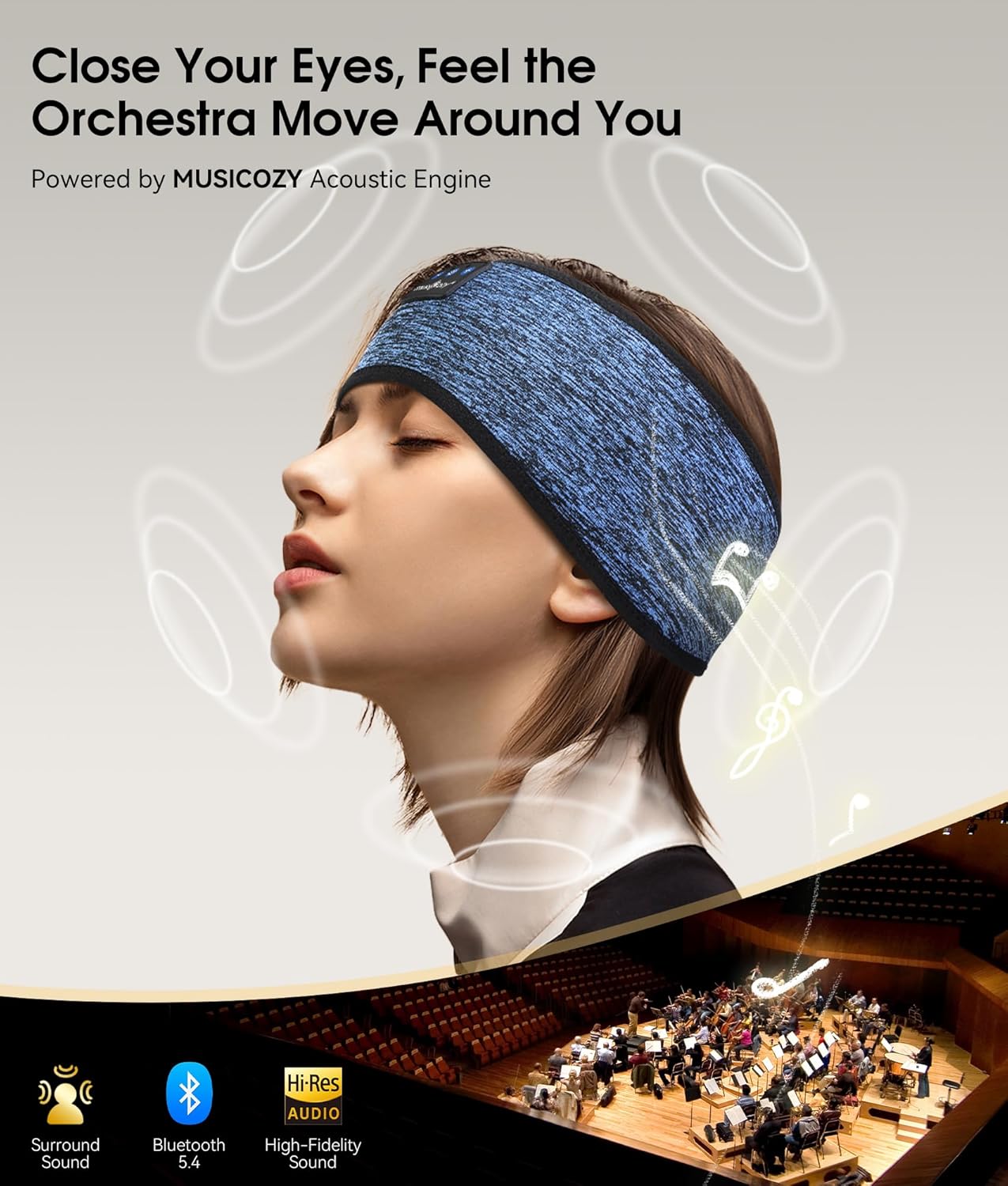 MUSICOZY Sleep Headphones Bluetooth 5.4 Headband, Wireless Earphones Music Sleep Earbuds Sleeping Eye Mask with HD Stereo Speakers for Workout Running Travel Yoga, Ideal Gifts for Women Men