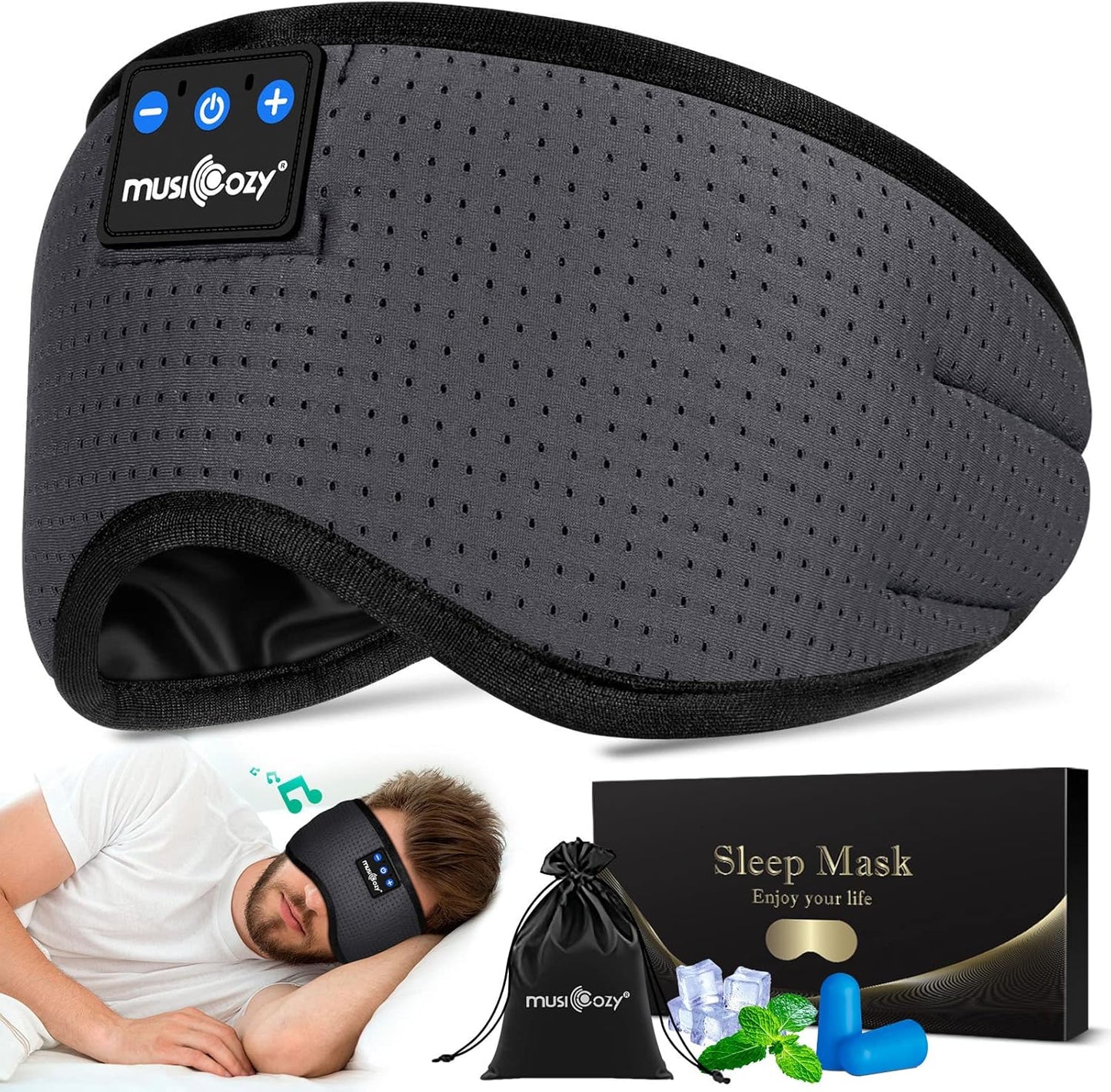 MUSICOZY Sleep Headphones Masks, Headphones Masks for Sleeping Wireless Music Mask, Bluetooth Sleep Eye Mask for Sleeping for Side Sleepers Men Women with Speakers Cool Tech Gadgets Gifts