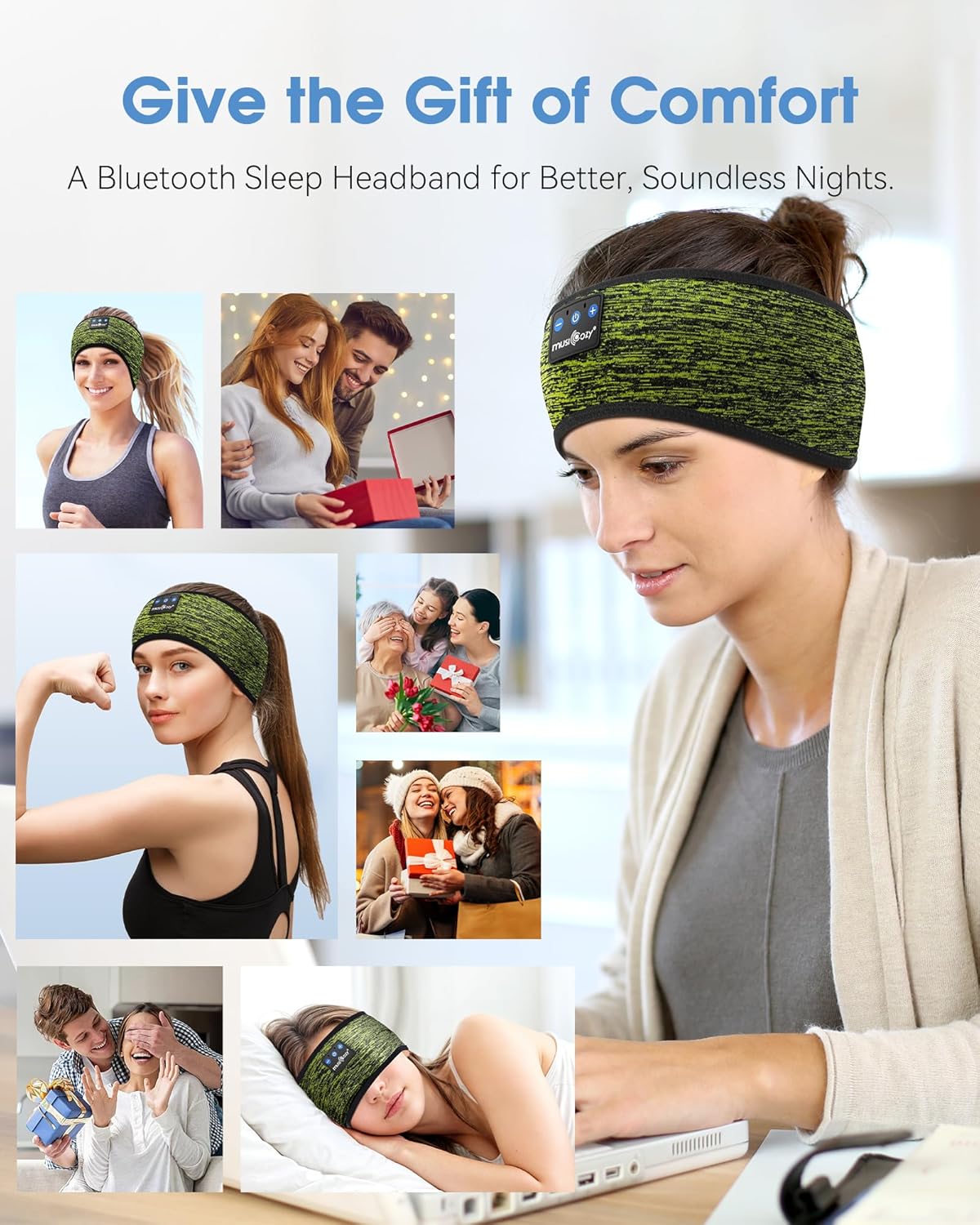 MUSICOZY Sleep Headphones Bluetooth Headband 5.4 Wireless Headband Headphones for Sleeping for Side Sleeper with Ultra-Thin HD Stero Speaker for Workout (Military Green)