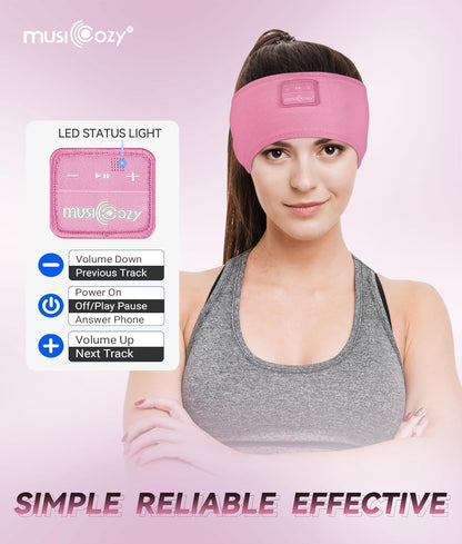MUSICOZY Sleep Headphones Headband Bluetooth 5.4 Wireless Headband Headphones for Sleeping for Side Sleeper with Ultra-Thin HD Stero Speaker for Workout(Pink)