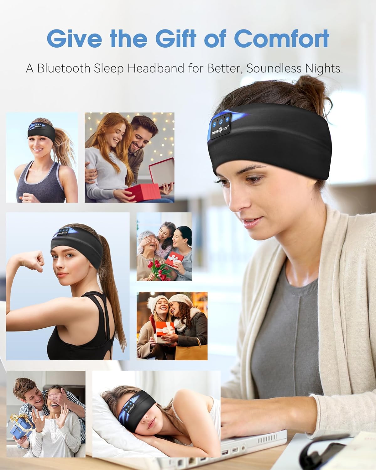 MUSICOZY Sleep Headphones Bluetooth Headband 5.4 Wireless Headband Headphones for Sleeping for Side Sleeper with Ultra-Thin HD Stero Speaker for Workout (Blue Arrow)