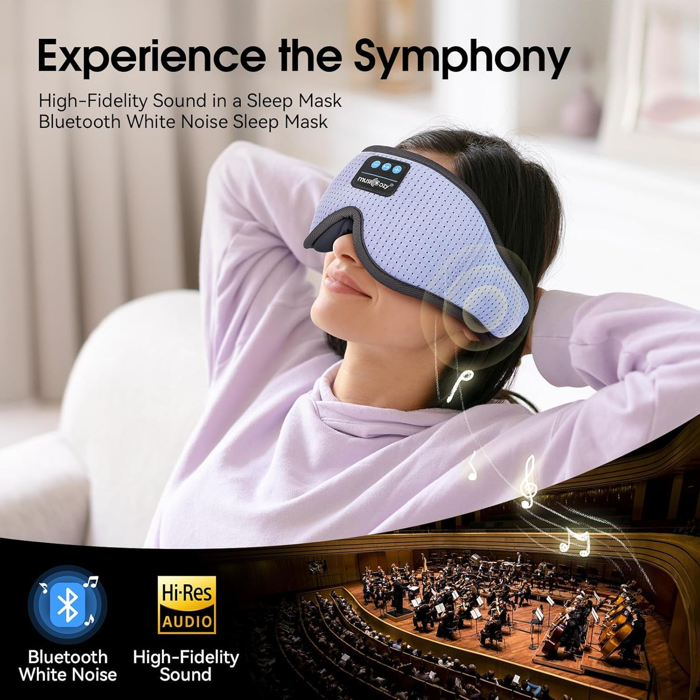 MUSICOZY White Noise Sleep Mask Headphones with 16 Soothing Sounds, Bluetooth Sleep Mask 3D Wireless Music Sleeping Headphones for Side Sleeper