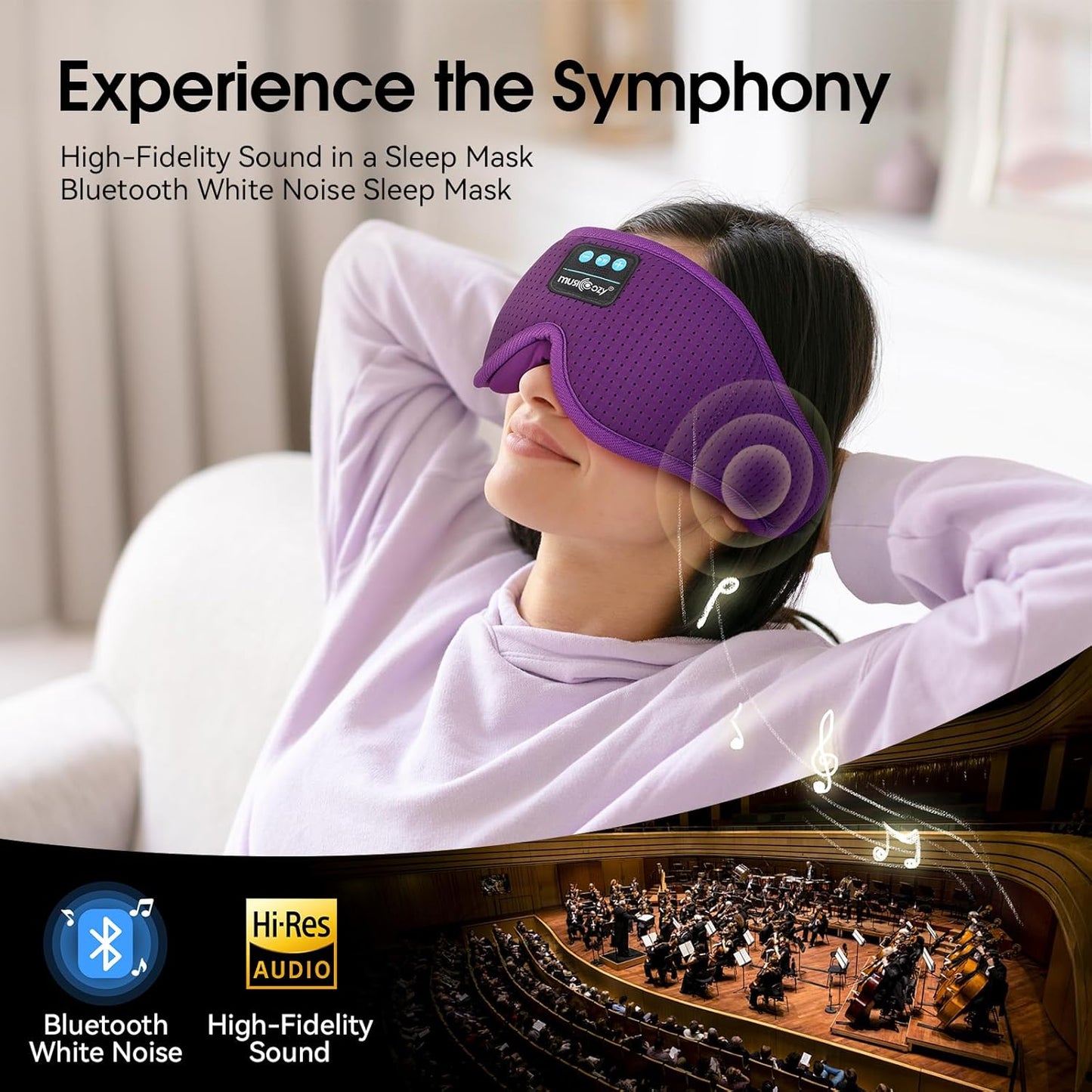 MUSICOZY White Noise Sleep Mask Headphones with 16 Soothing Sounds, Bluetooth Sleep Mask 3D Wireless Music Sleeping Headphones for Side Sleeper