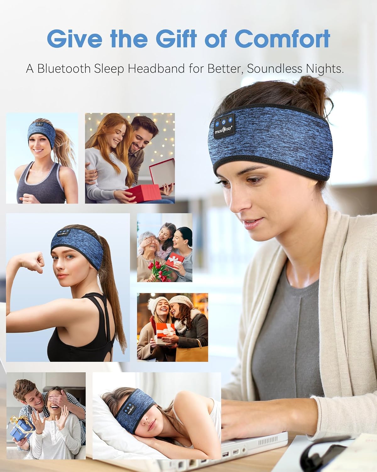 MUSICOZY Bluetooth 5.4 Headband Headphones for Sports and Sleep, Wireless Sleeping Eye Mask Earbuds Earphones for Side Sleepers Workout Running Cool Tech Gadget Unique Gift