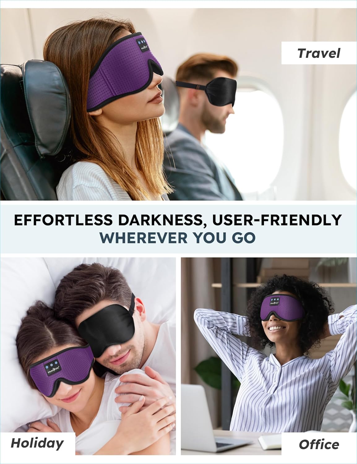 MUSICOZY Sleep Headphones Wireless Mask 3D Sleeping Eye Mask, Music Headband Headphones Sleep Earbuds Earphones for Side Sleeper Sleep Silk Eye Mask Cool Gadget Holiday for Mom Women(Purple+Black)