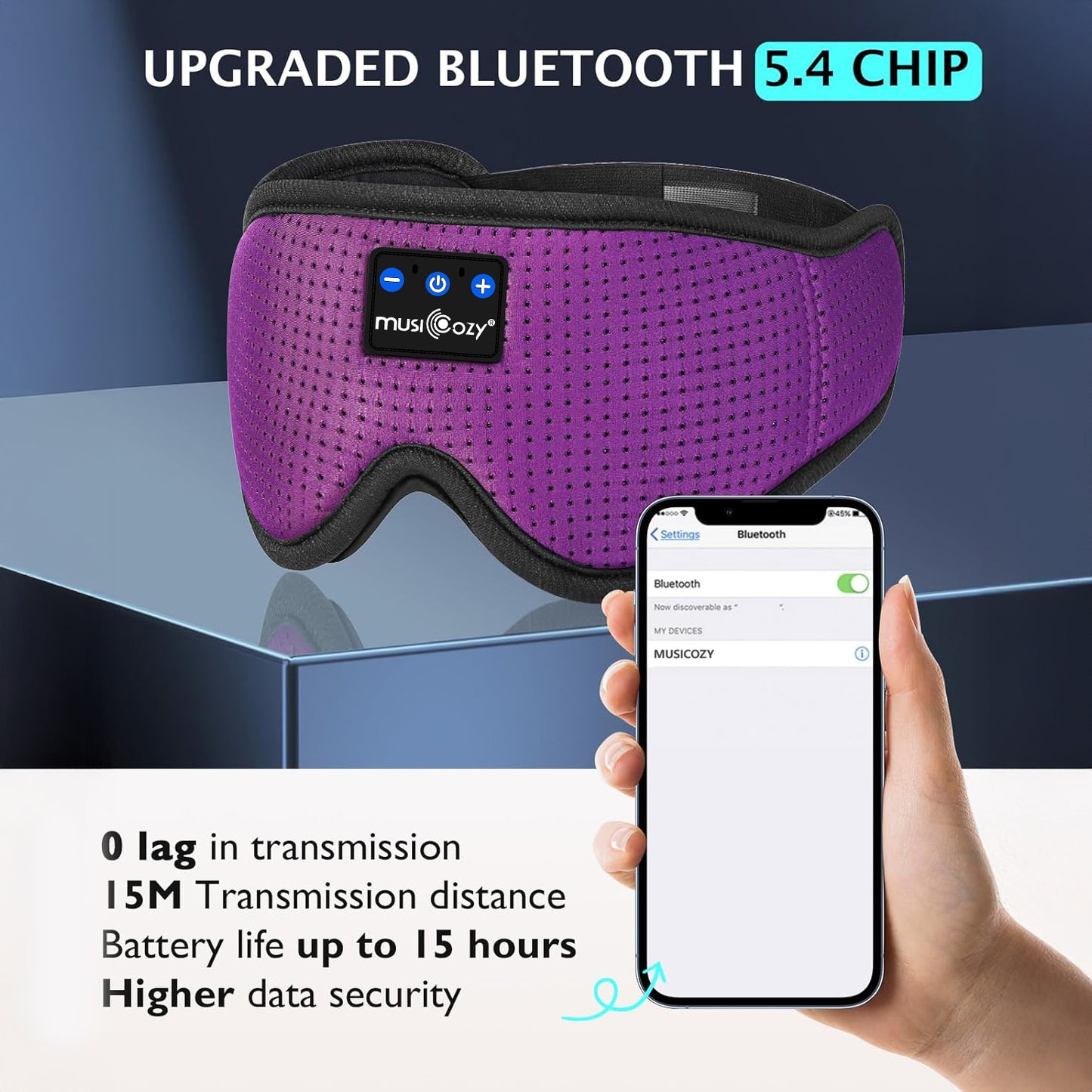 MUSICOZY Bluetooth 5.4 Sleep Headphones Mask – Noise-Cancelling Eye Mask with Ultra-Thin Stereo Speakers, Adjustable Ergonomic Design, for Side Sleepers, Travel, Office, Yoga, Gifts, Stress Relief